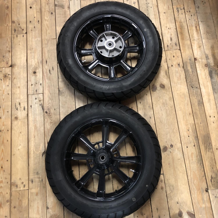 Pair of Indian Scout Bobber wheels with tyres